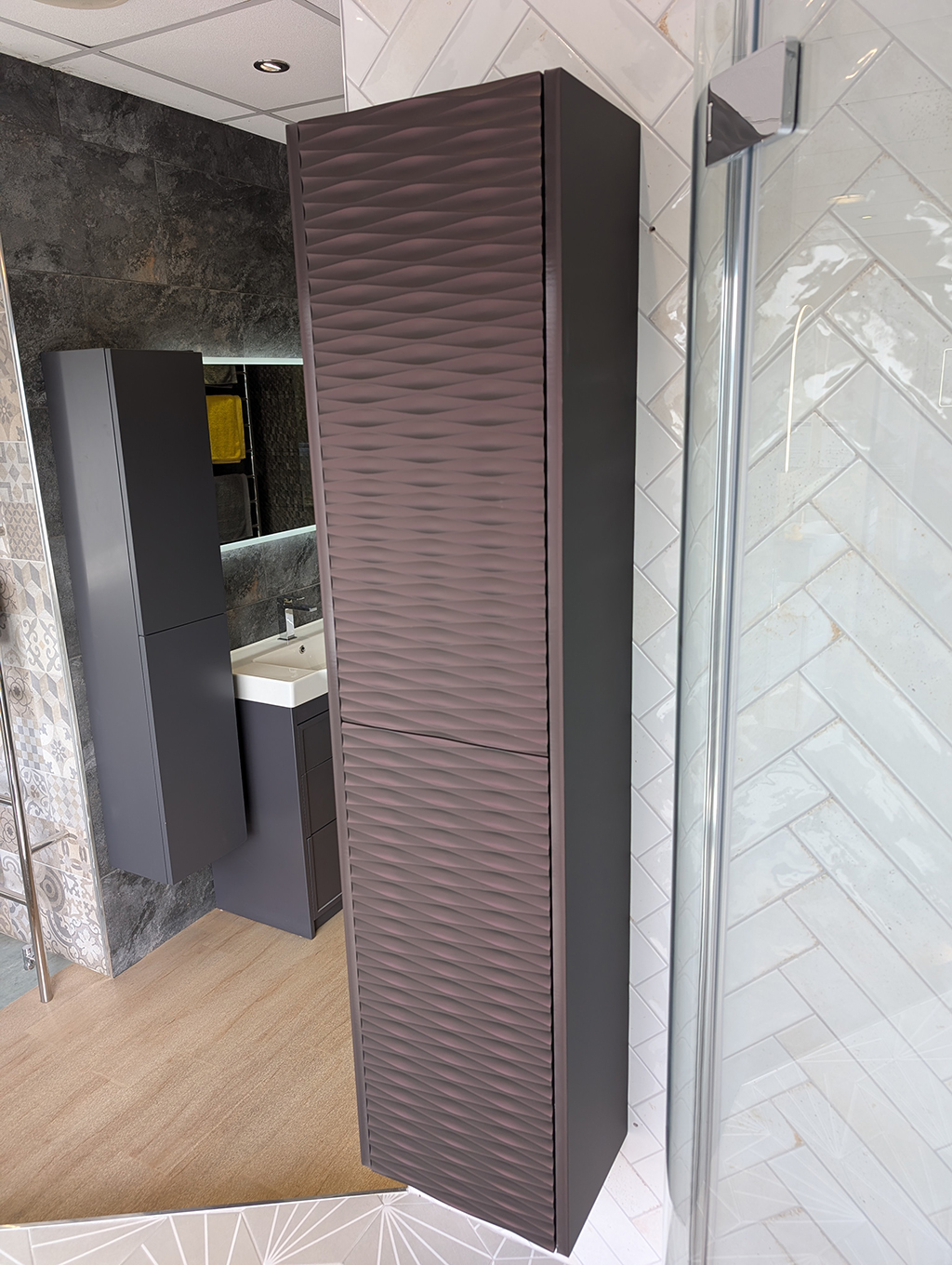 Ex-display Iridescent Claret Wave basin unit in the Halmshaws Hull showroom